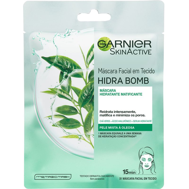 Máscara Facial em Tecido Garnier Hidra Bomb Chá Verde Matificante, 32g (7509552806489)