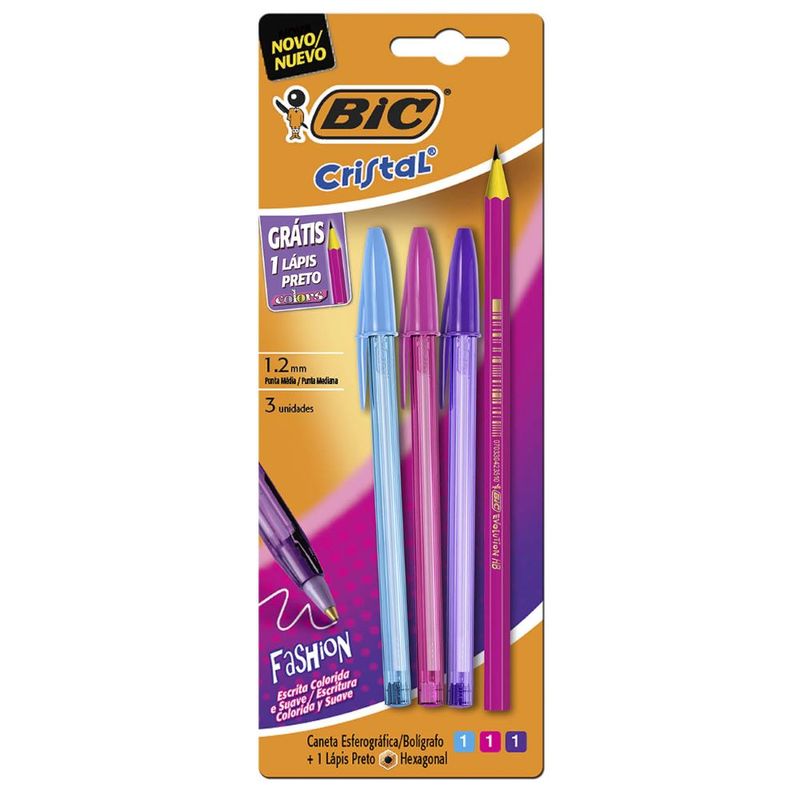 Caneta Bic Fashion com 3 Unidades Grátis 1 Lápis Preto (070330370241)