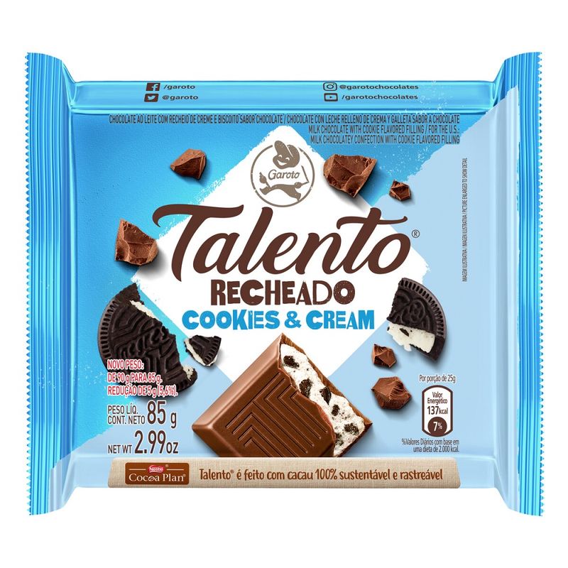 Chocolate Garoto Talento Recheado Cookies 85g Tablete (7891008121971)