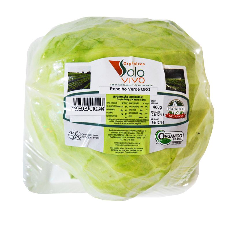 Repolho Verde Orgânico Solo Vivo 400g (7898939010244)