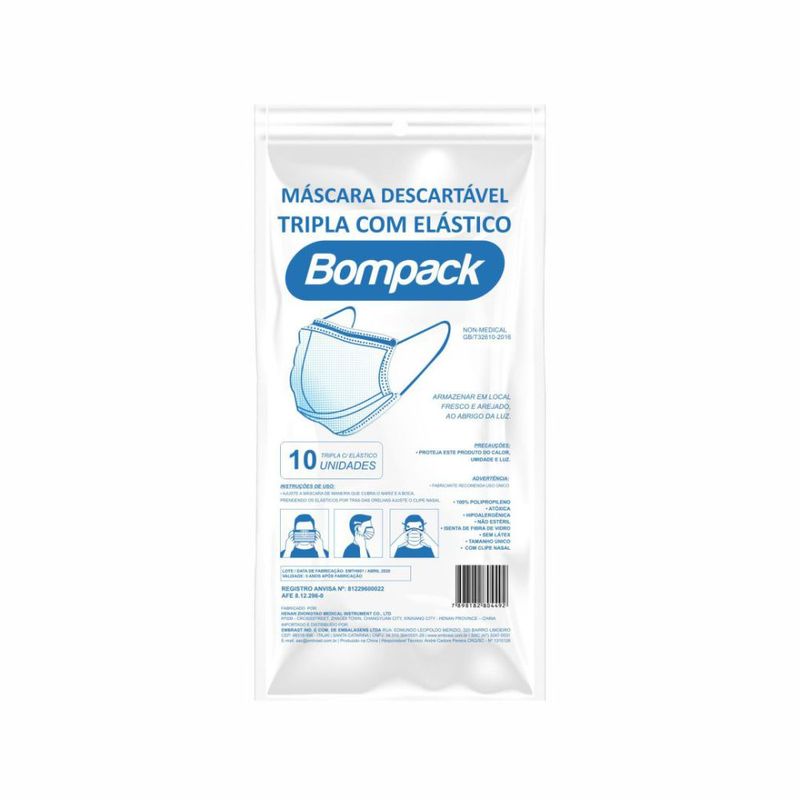 Máscara Descartável Bompack Tripla Com 10 (7898182804492)