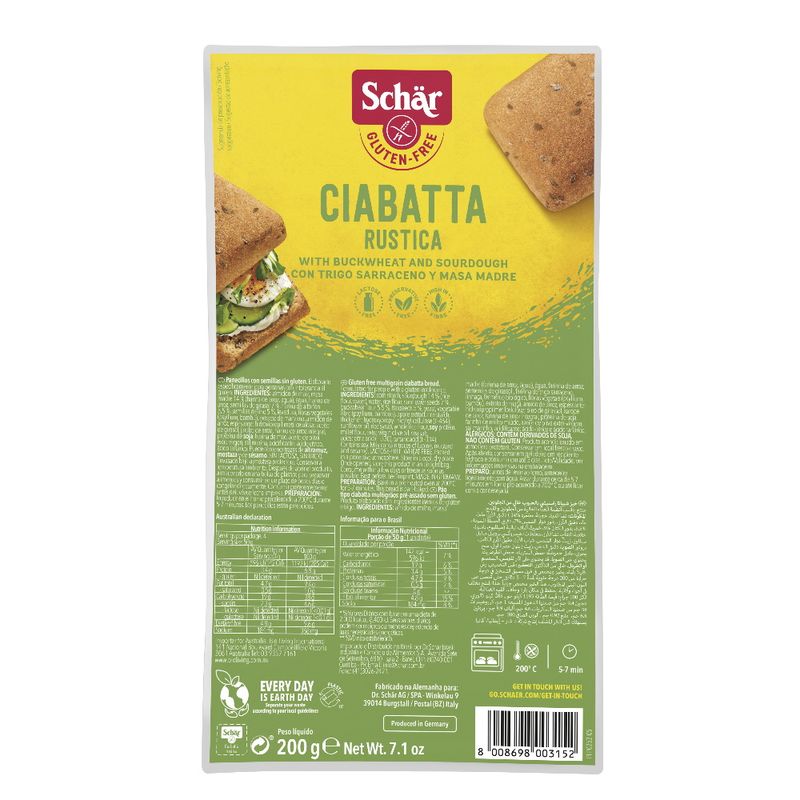 Pão Ciabatta Schar 200g Int Sem Glúten Sem Lactose (8008698016152)