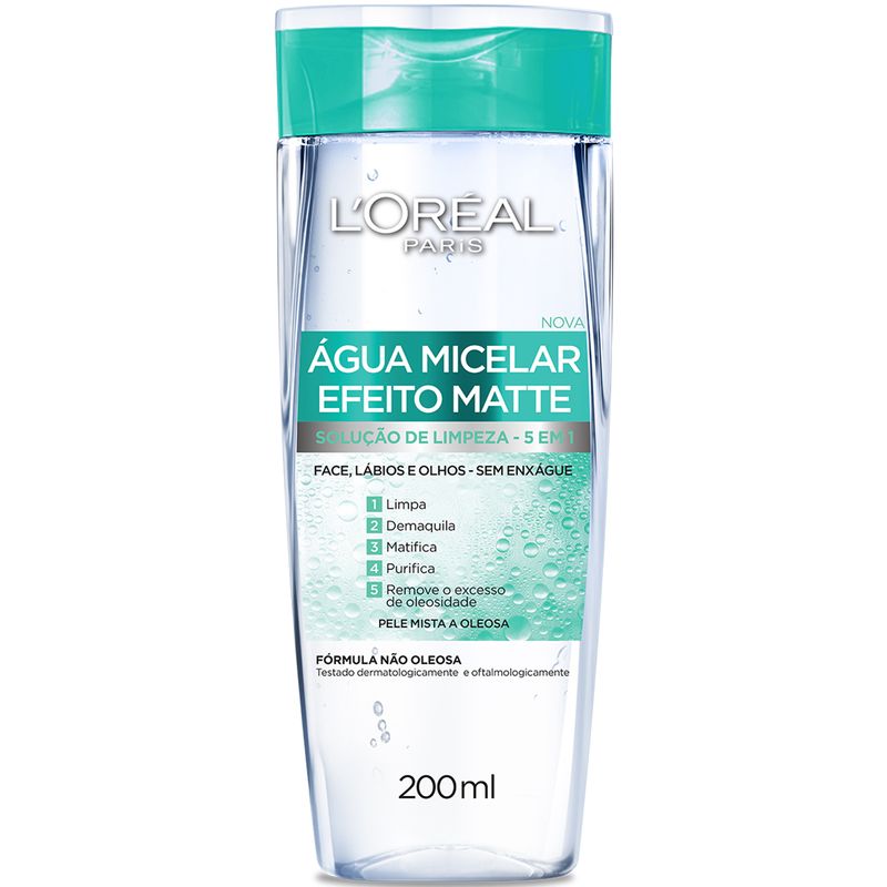 Água Micelar Efeito Matte L'Oréal Paris Solução de Limpeza Facial, 200ml (7899706180887)