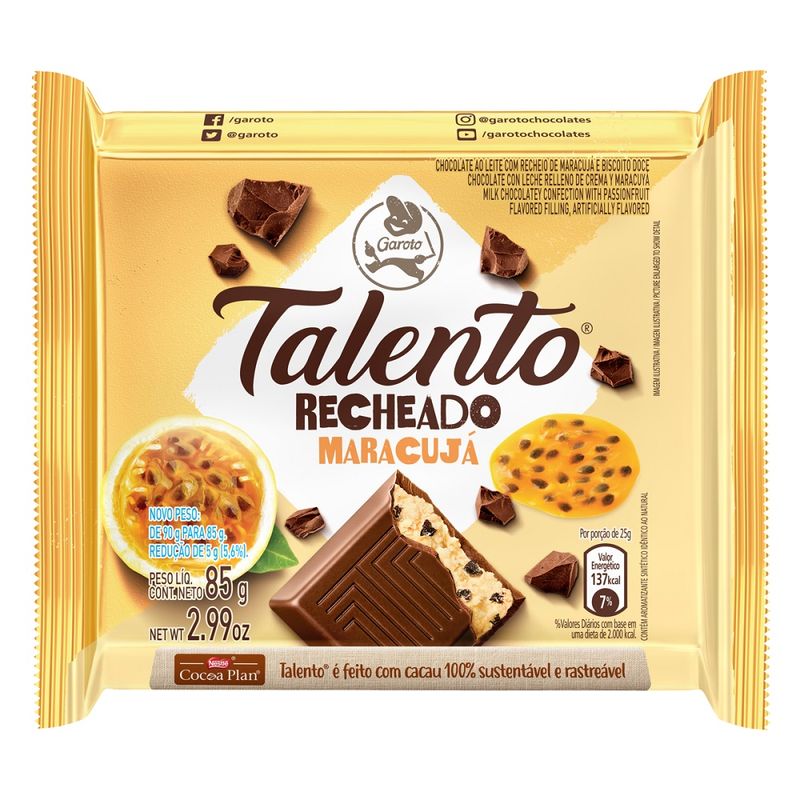 Chocolate Garoto Talento Recheado Maracujá 85g Tablete (7891008121926)
