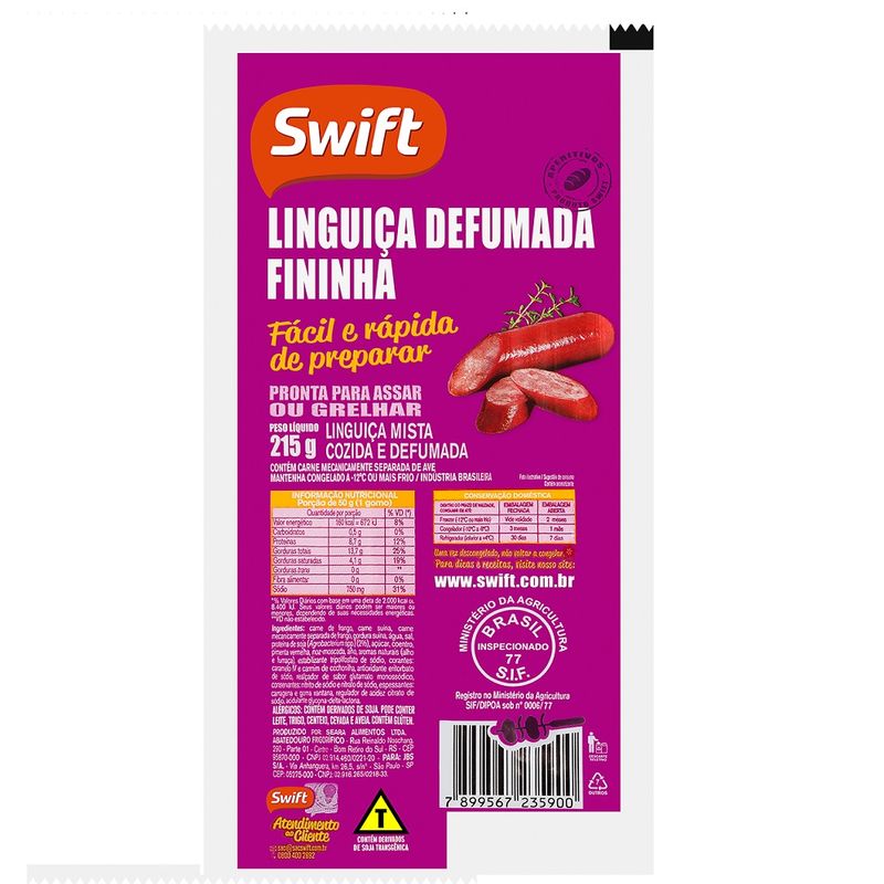 Linguiça Defumada Swift 215g Fininha (7894904085774)