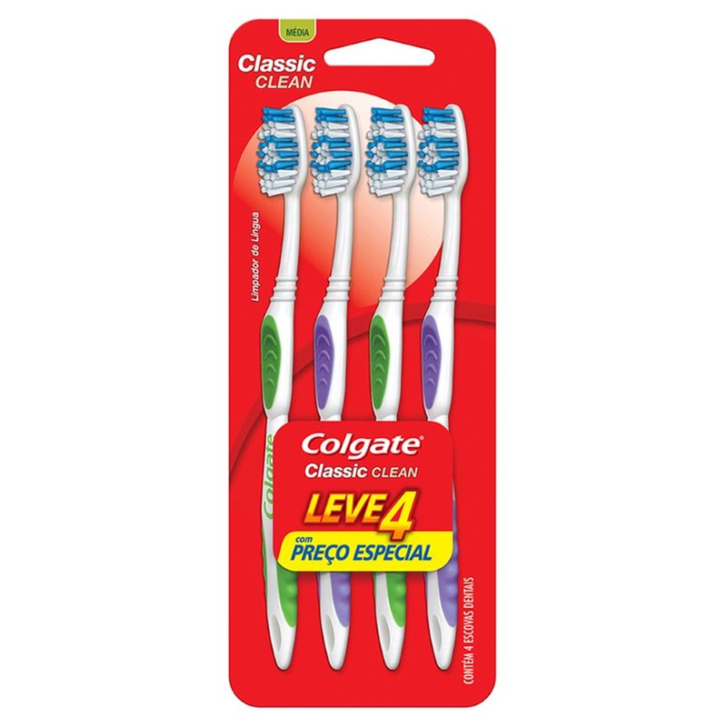 Escova de Dente Colgate Classic Clean 4 unid Promo c/ Desconto (7891024035634)
