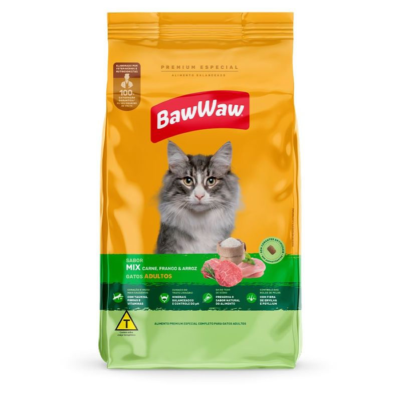 Alimento Gato Baw Waw Adulto Mix Crane Frango e Arroz 900g (7899306041724)