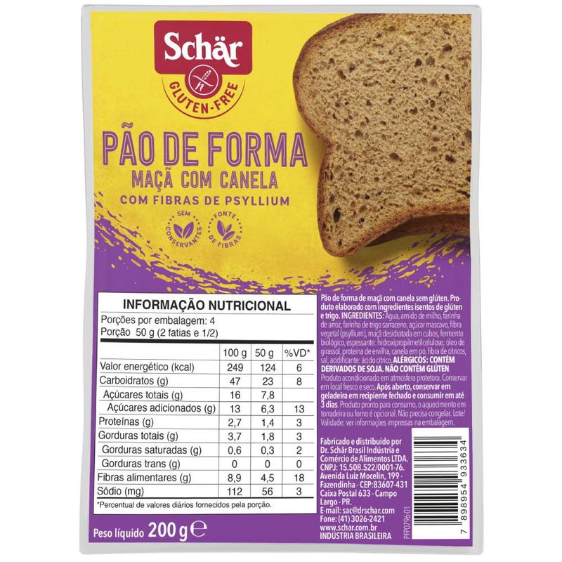 Pão Forma Schar Sem Glúten Maçã Canela 200g (7898954933634)