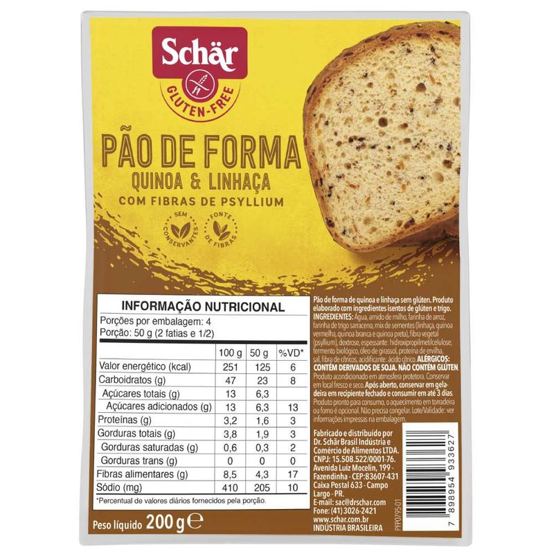 Pão Forma Sem Glúten Quinoa Linhaça Schar 200g (7898954933627)