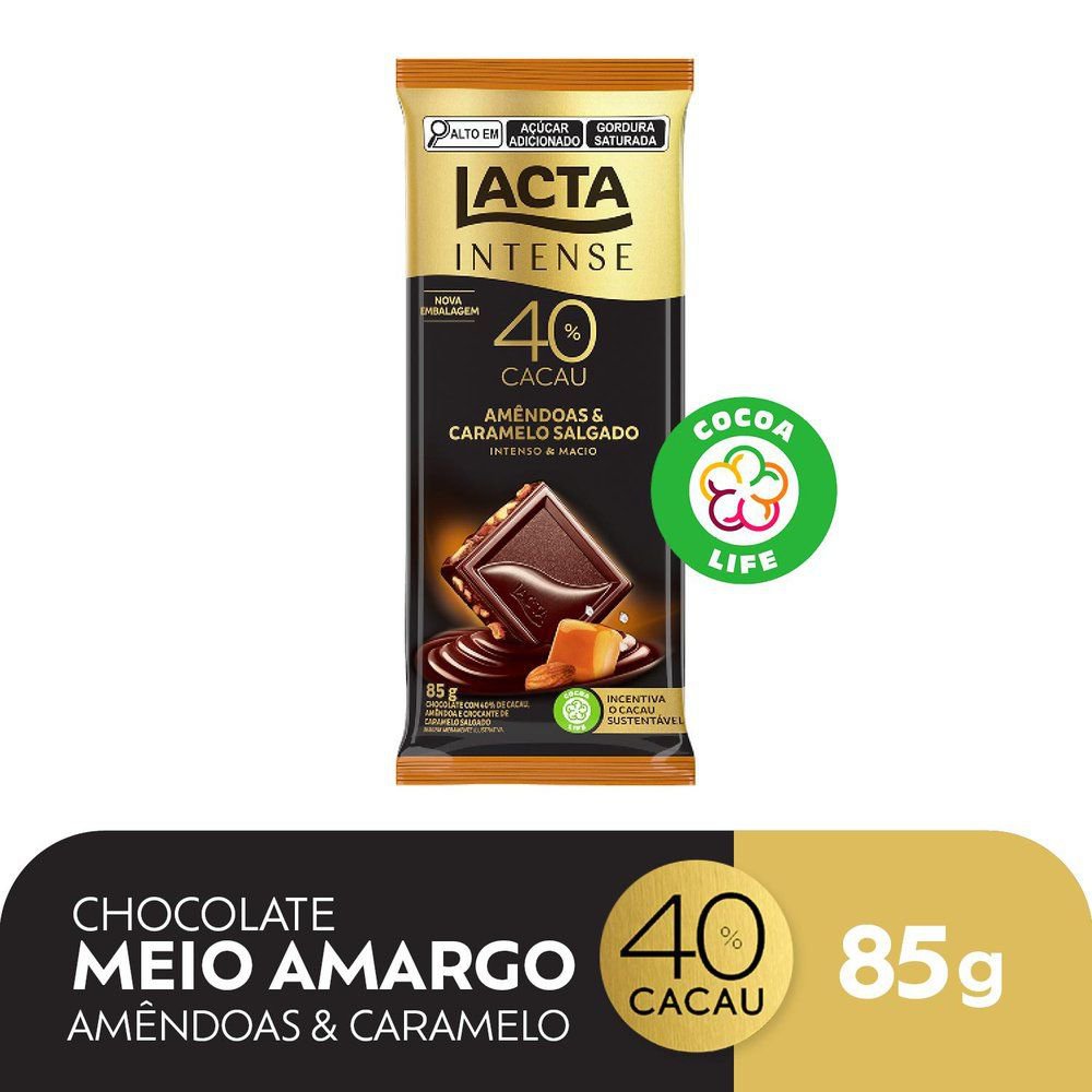 Chocolate Lacta Intense meio amargo 40% cacau Amêndoas e Caramelo Salgado 85g