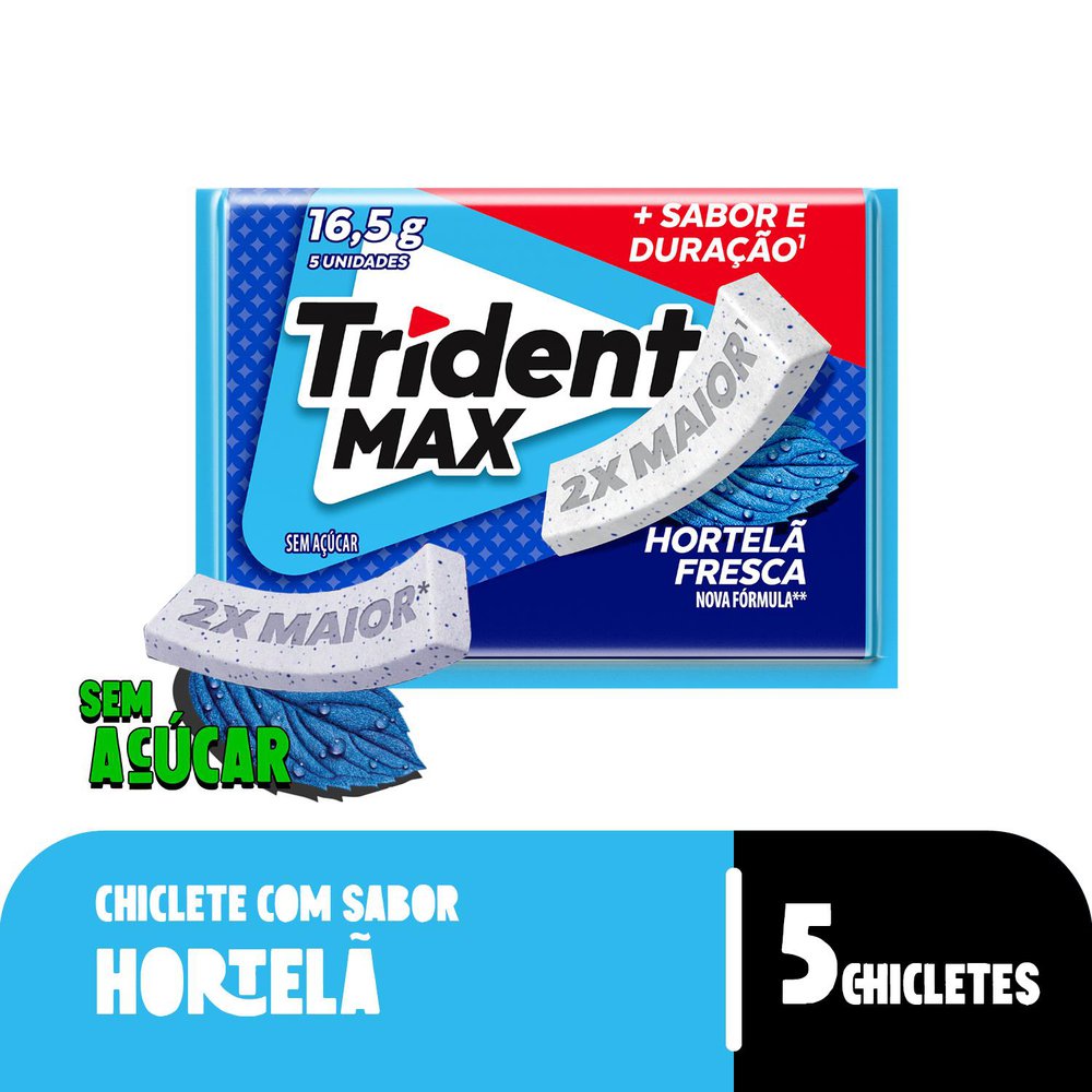 Chiclete Trident Max Hortelã Fresca Sem Açúcar 16g -Embalagem com