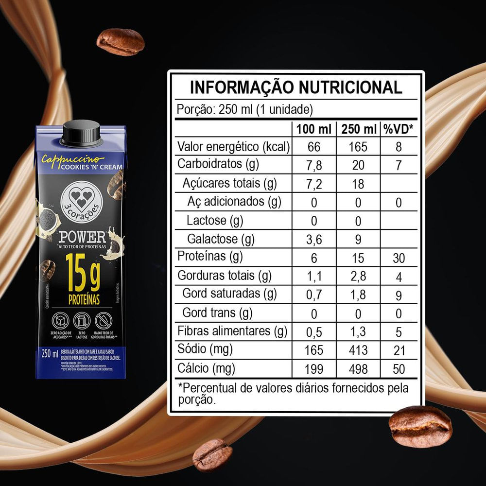 Bebida Láctea Cappuccino Power Whey 15g Cookies'n Cream 3 Corações