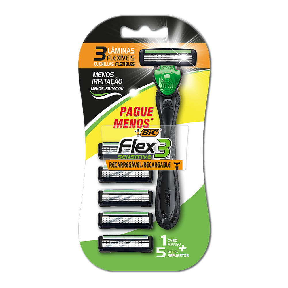Aparelho Barbear Bic Flex3 Hybrid Sensitive 1 Aparelho e 5 Refis