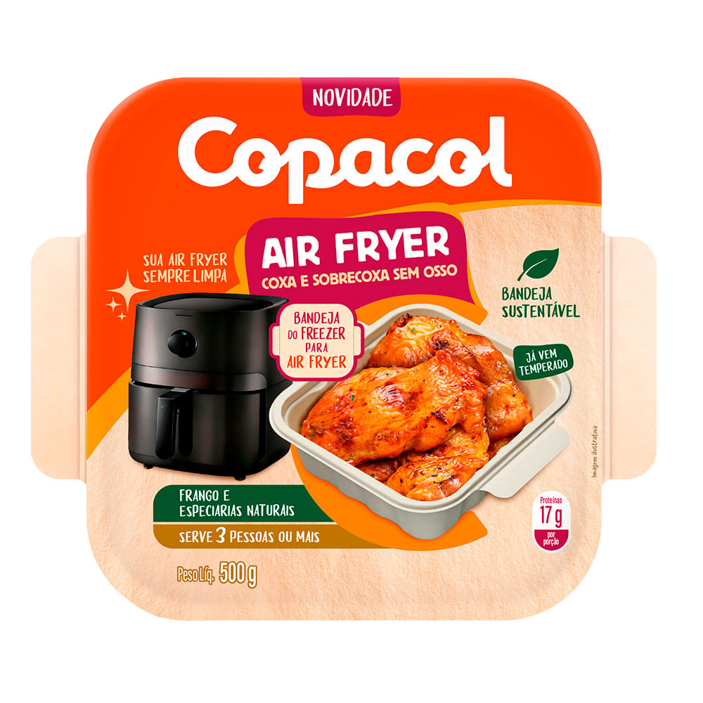 Filé de coxa e sobrecoxa de frango congelada e temperada para Air Fryer Copacol 500g