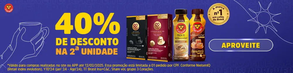 40%OFF na segunda unidade de Capsula Compativel e Bebida Lacta Cappucino 3 corações